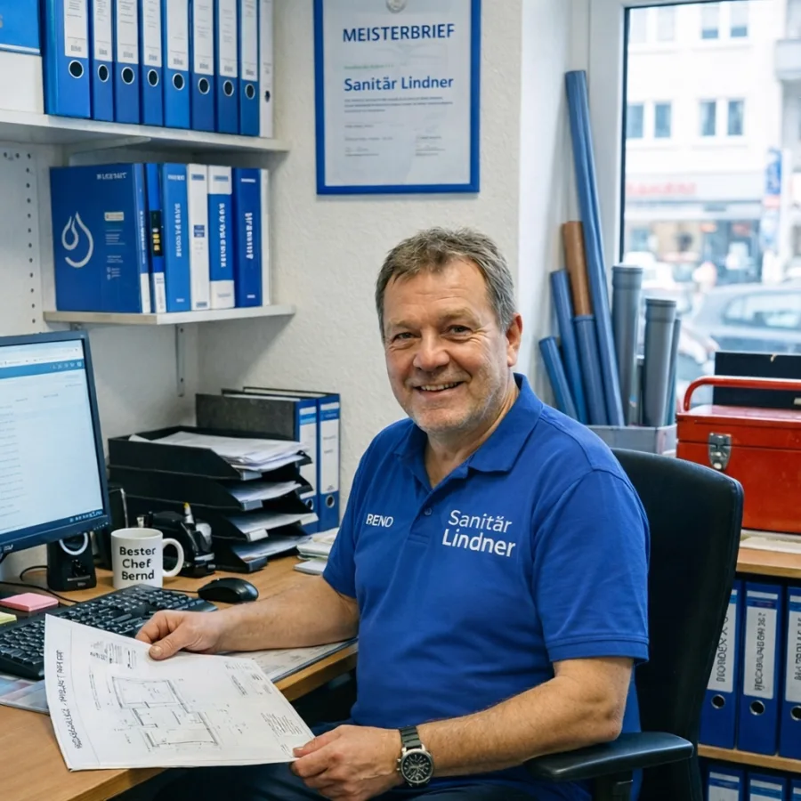 Bernd Lindner – Sanitärmeister im Büro mit Zertifikaten und Firmenwagen